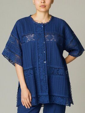 Handmade Vintage Lounge Kaftan Cover Up Blue Lace Button Top Tunic Sz Large